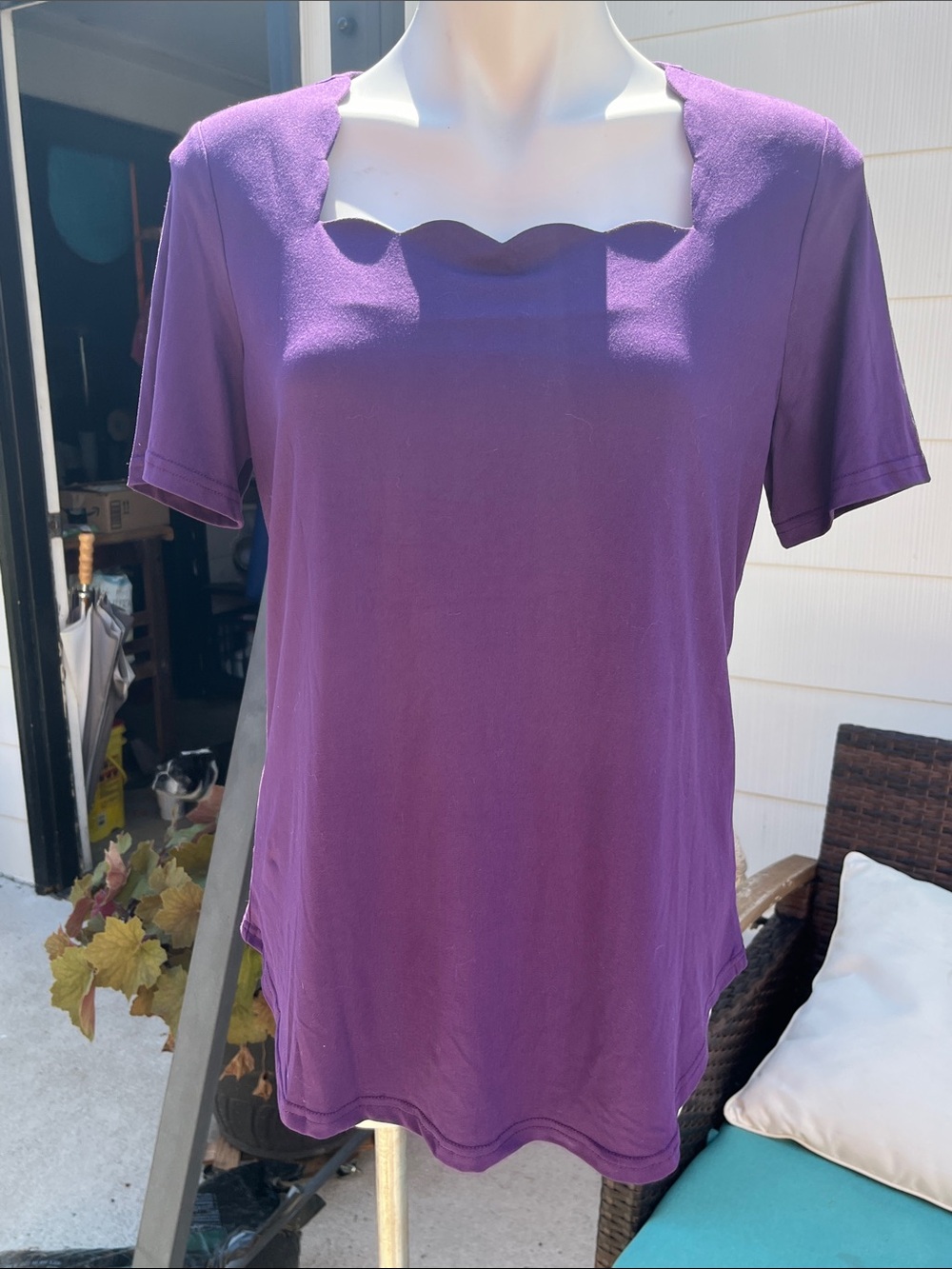 Purple Short-Sleeve Women's Top with Scallop Neckline